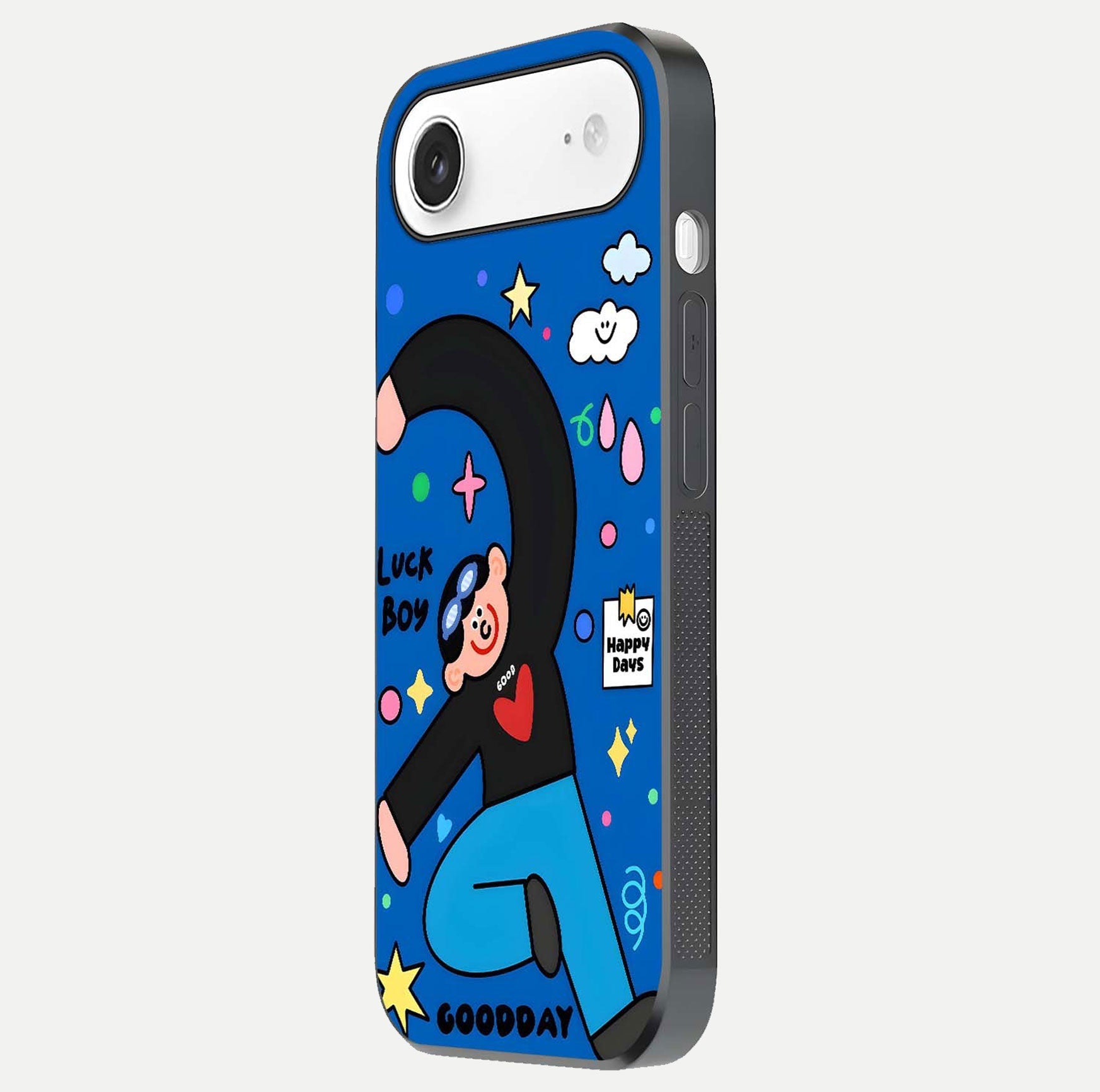 Happy Luck Vibe Glass Case for iPhone Air  side-angle image showing reflection polish and vivid charm design