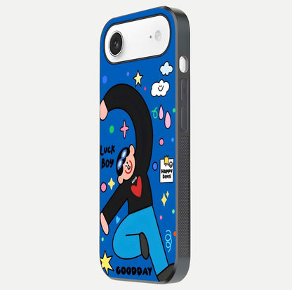 Happy Luck Vibe Glass Case for iPhone Air  side-angle image showing reflection polish and vivid charm design