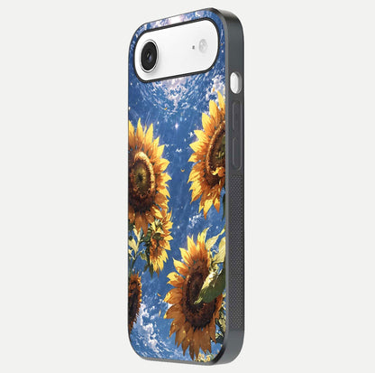 Heavenly Sunflower Rise Glass Case for iPhone Air  side-angle image showing reflection glow and soft yellow tone