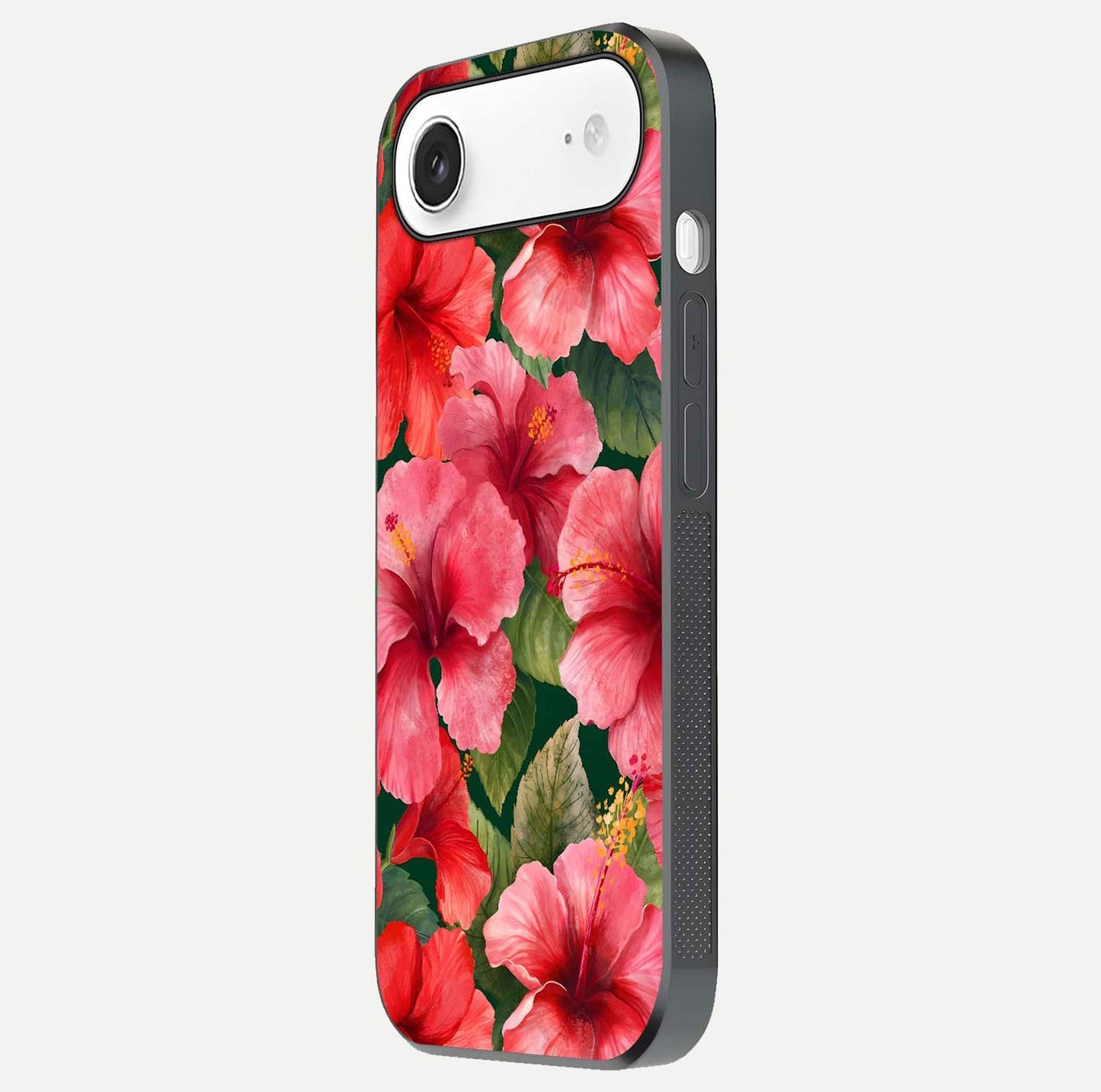 Hibiscus Pattern Glass Case for iPhone Air  side-angle image showing reflection brightness and floral detailing