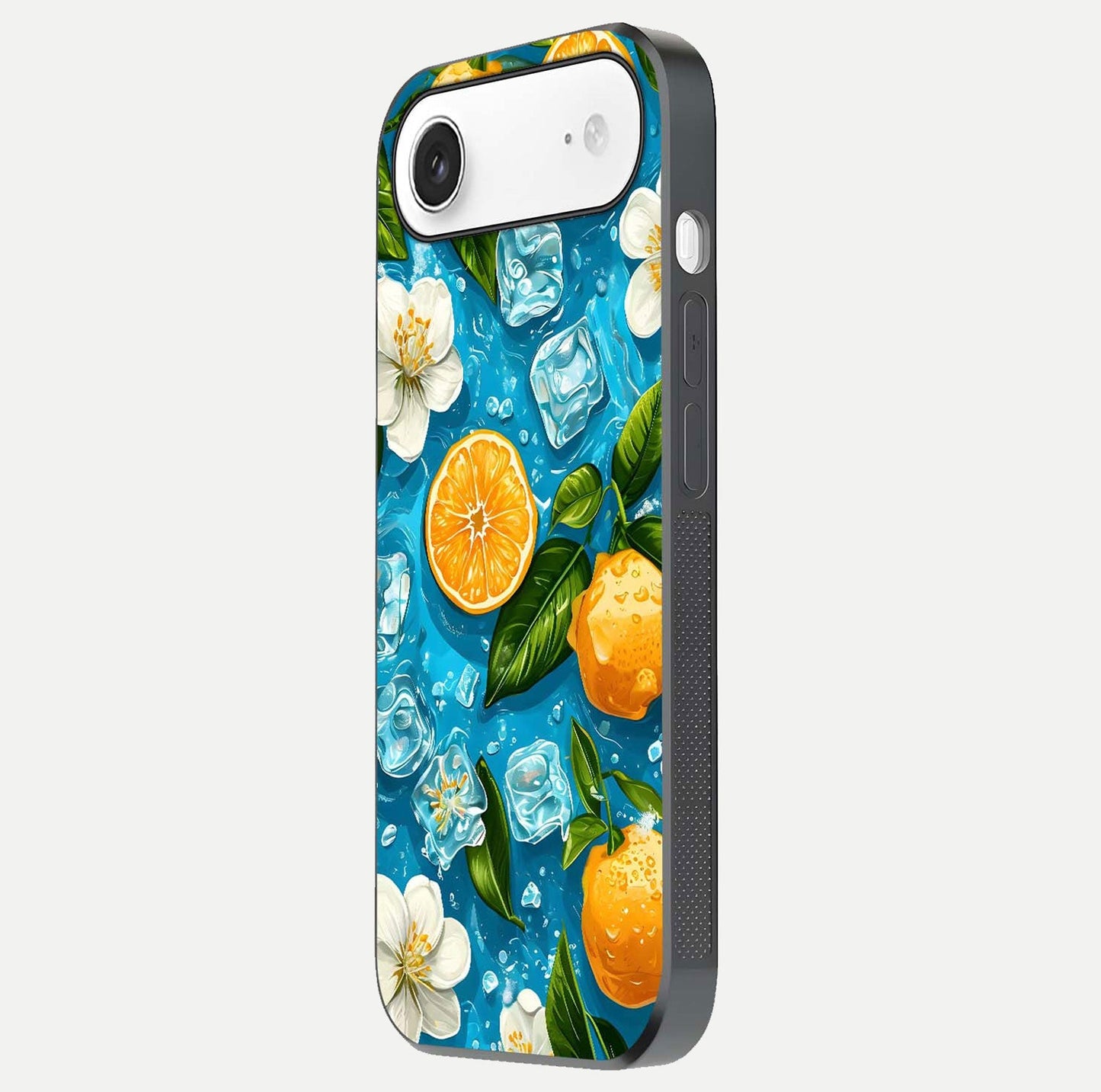 Ice Cube With Orange Glass Case for iPhone Air  side-angle image showing reflection brightness and juicy pattern detail