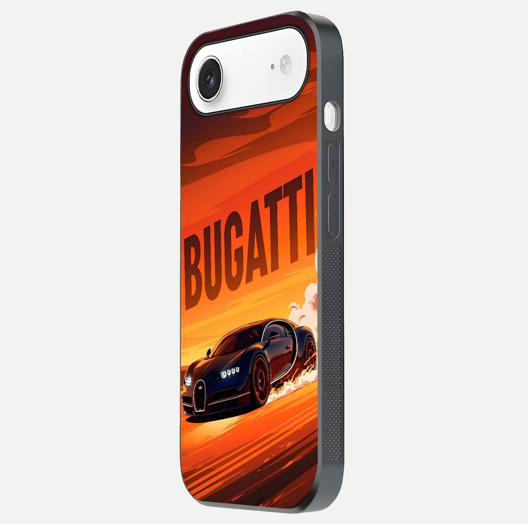 Inferno Bugatti Storm Glass Case for iPhone Air  side-angle image showing reflection glow and vibrant red tones