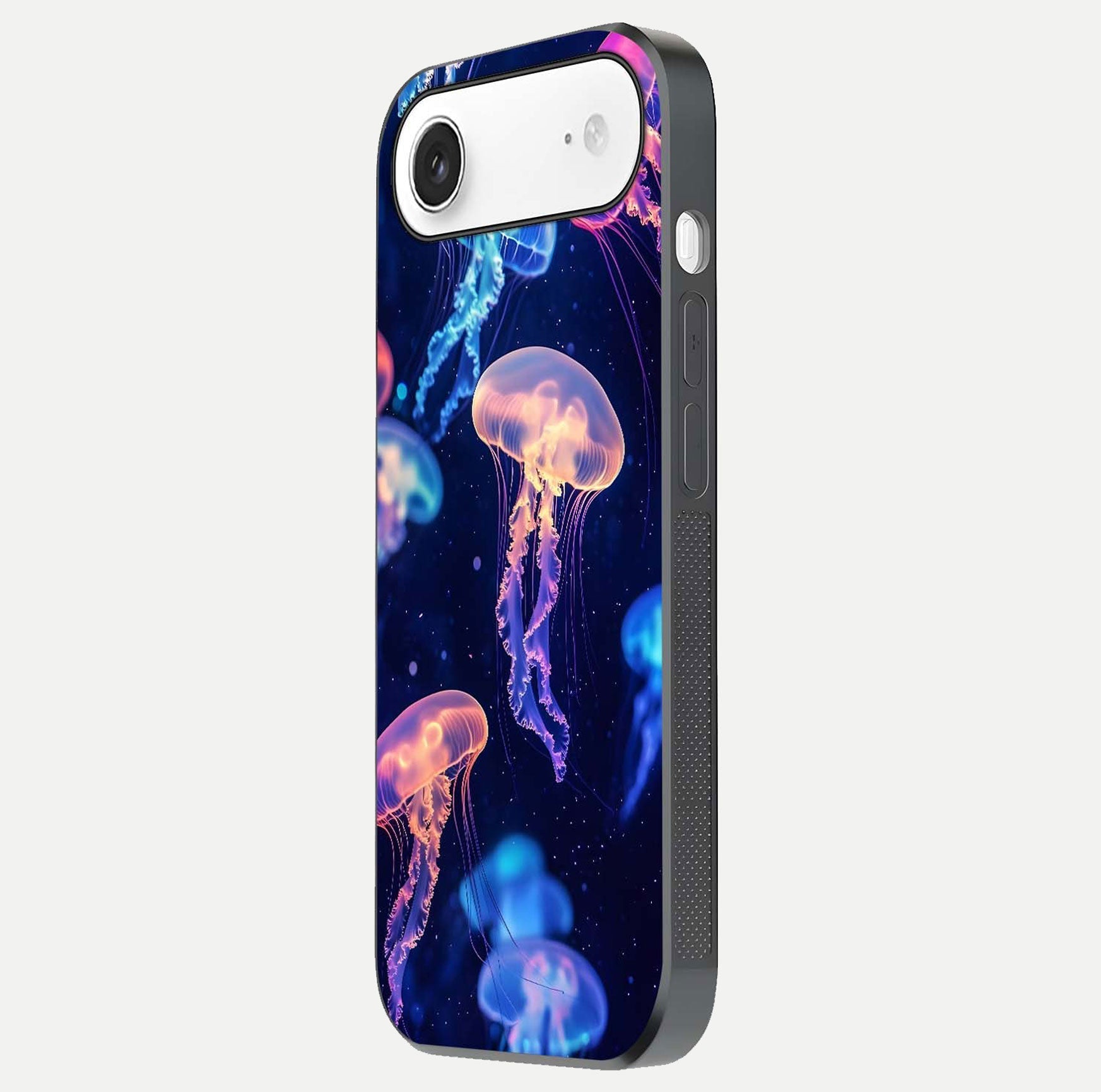 Jellyfish Pattern Glass Case for iPhone Air  side-angle image showing reflection glow and soft water-blue gradient