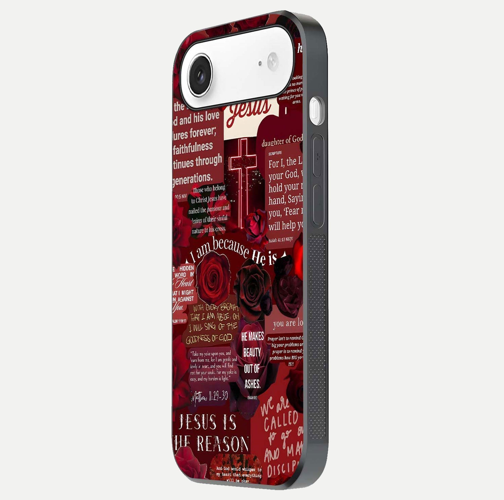Jesus Love Heals Glass Case for iPhone Air  side-angle image highlighting gloss depth and spiritual aura