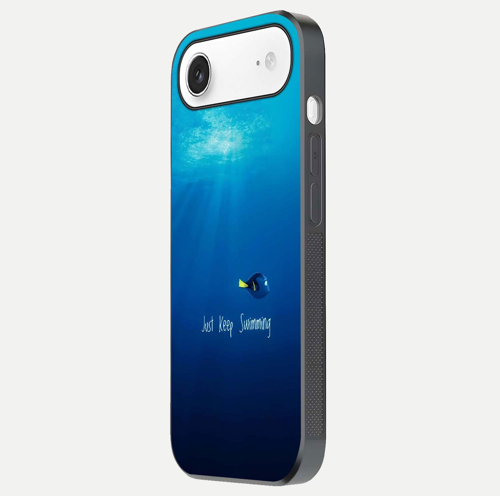 Just Keep Swimming Glass Case for iPhone Air  side-angle image highlighting reflective surface and positive quote