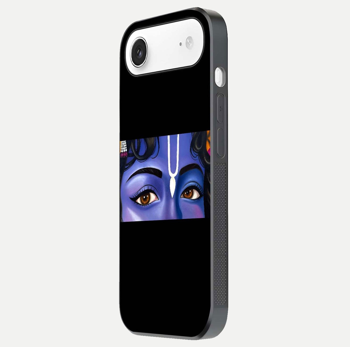 Krishna Eye Glass Case for iPhone Air  side-angle image showing reflection clarity and Krishna symbol design