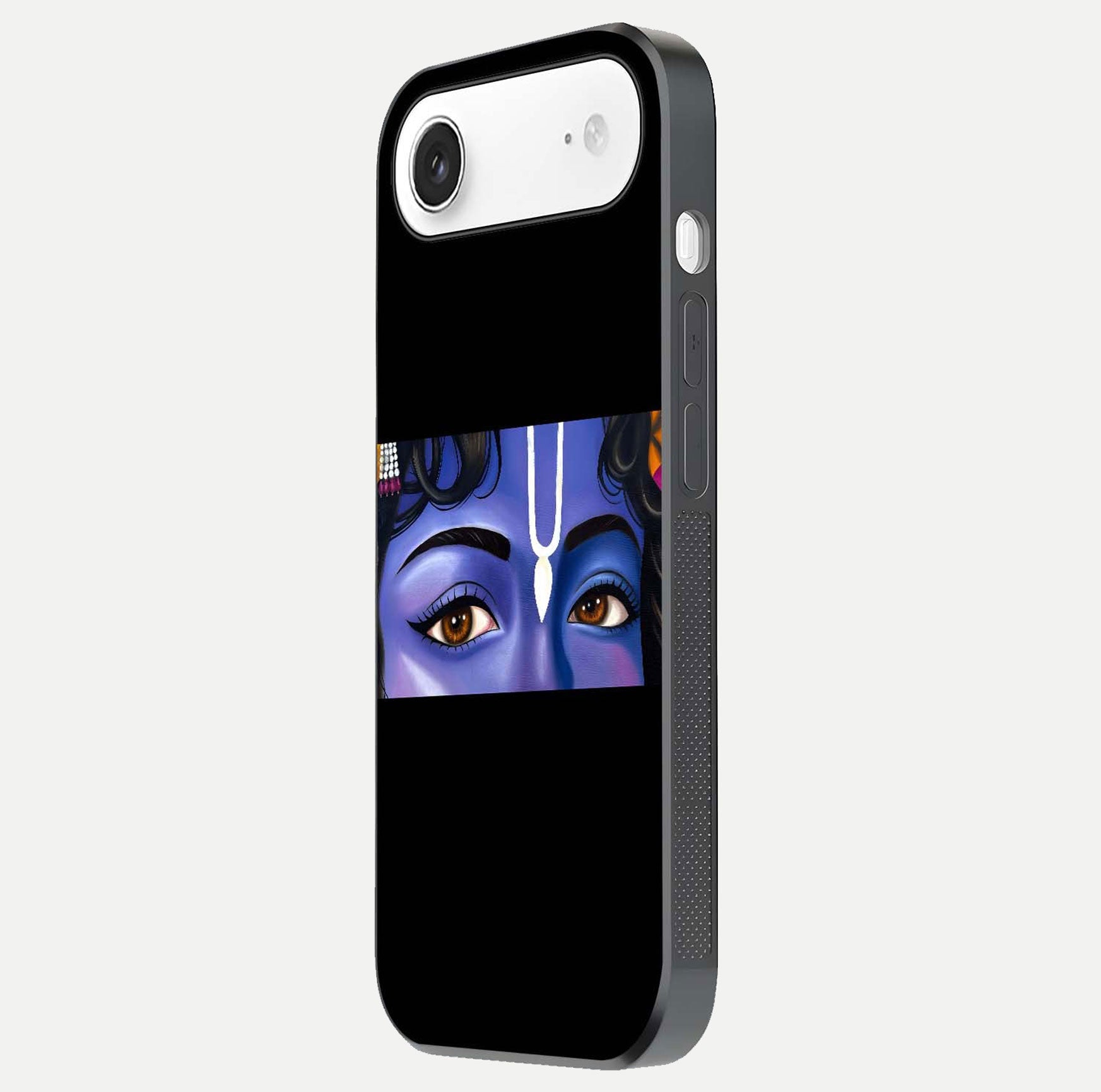 Krishna Eye Glass Case for iPhone Air  side-angle image showing reflection clarity and Krishna symbol design