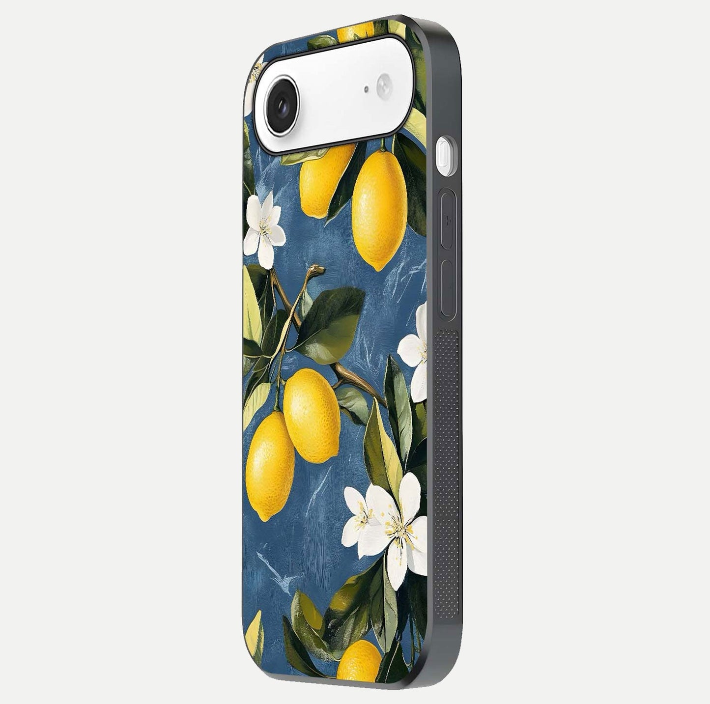 Lemon Dream Garden Glass Case for iPhone Air  side-angle image showing reflection clarity and artistic fruit design
