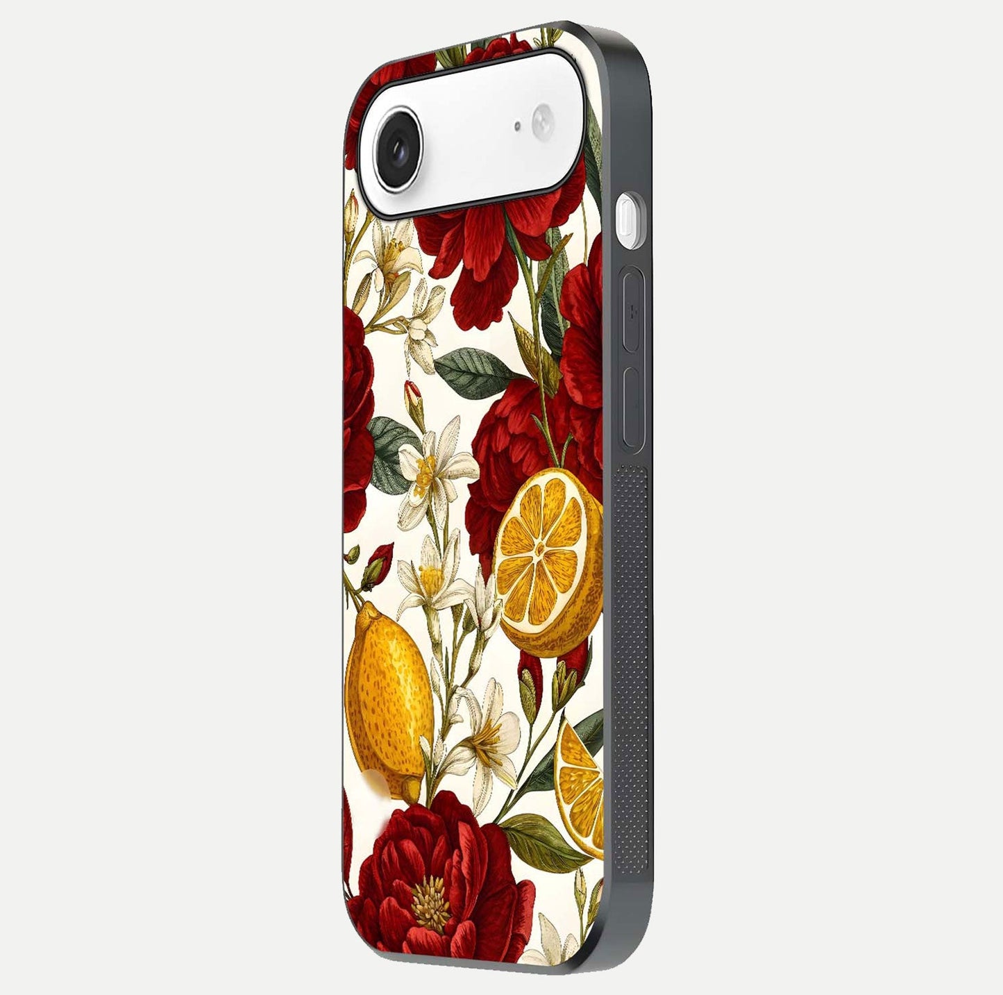 Lemon Rose Charm Glass Case for iPhone Air  side-angle image revealing reflection depth and vibrant flower art
