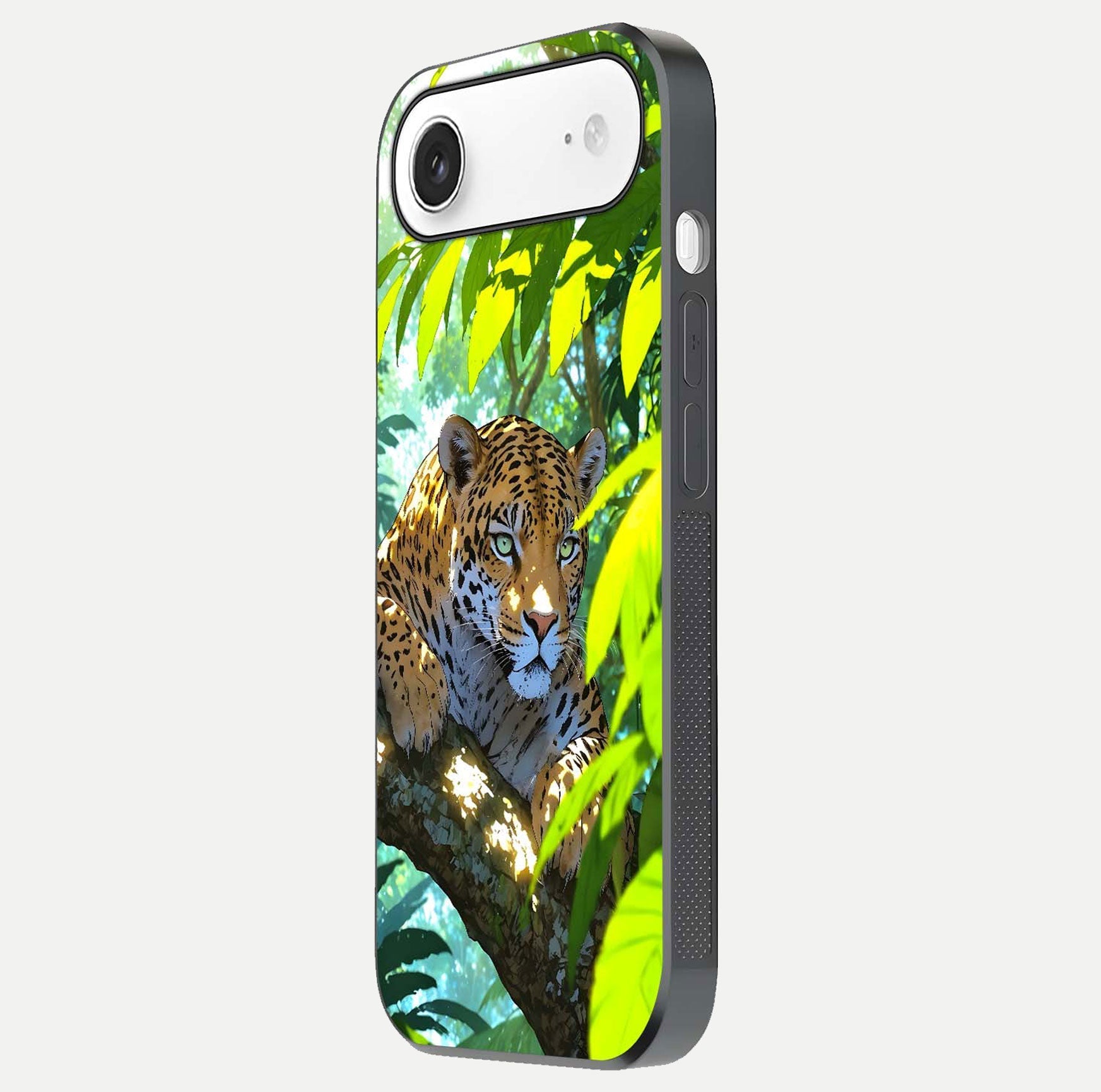 Leopard in Jungle Glass Case for iPhone Air  side-angle shot emphasizing contrast and fierce design clarity
