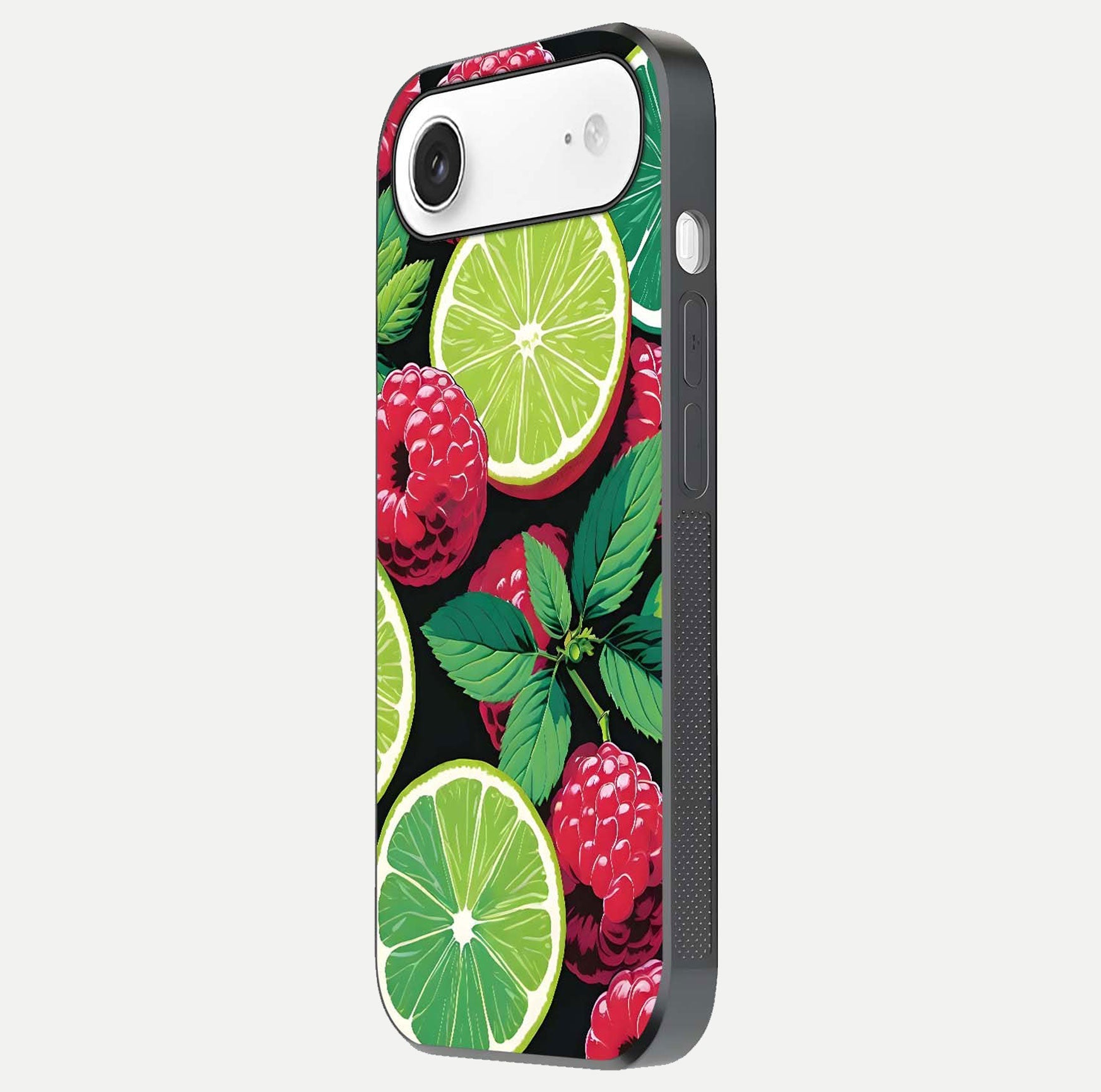 Lime and Raspberry Pattern Glass Case for iPhone Air  side-angle view revealing colorful fruit artwork details