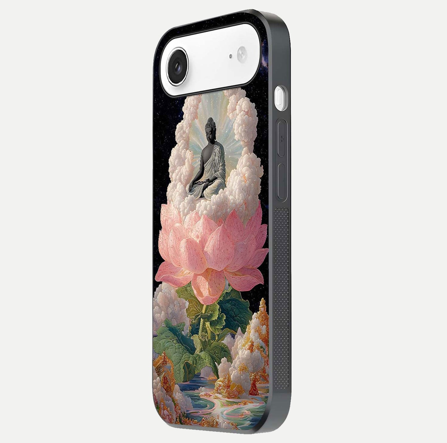 Lotus Divine Peace Glass Case for iPhone Air  side-angle shot showing elegant shine and floral symmetry