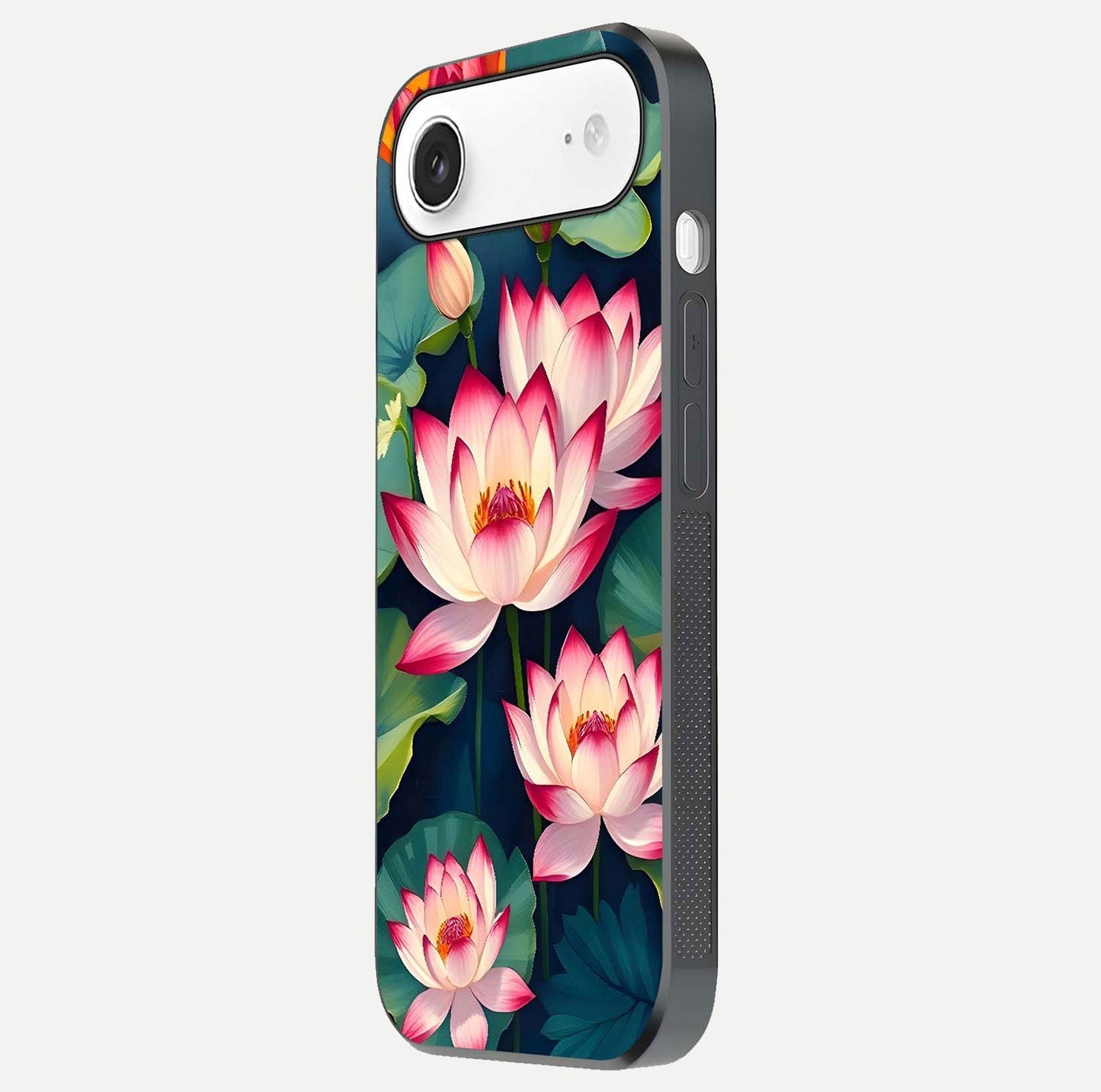 Lotus Dream Serenity Glass Case for iPhone Air  side-angle image revealing reflection clarity and calm tones