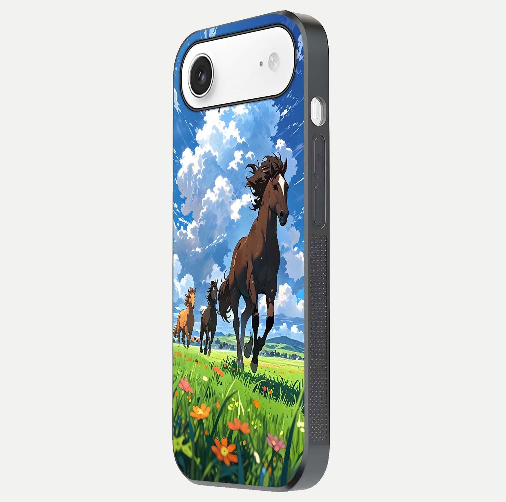 Majestic Horses Galloping Glass Case for iPhone Air  side-angle shot emphasizing reflection and running artwork