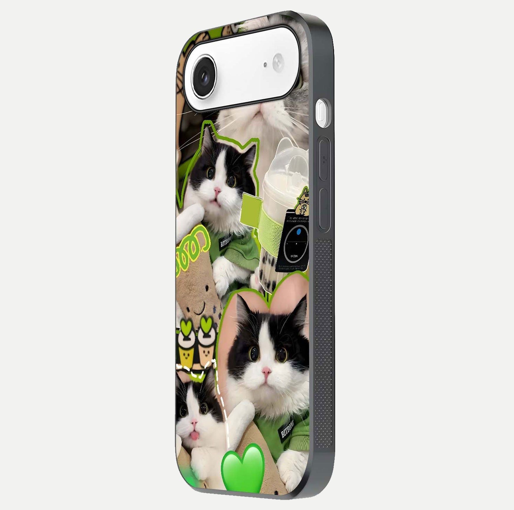 Matcha Cats Mood Glass Case for iPhone Air  side-angle image showing shine clarity and cat pattern charm