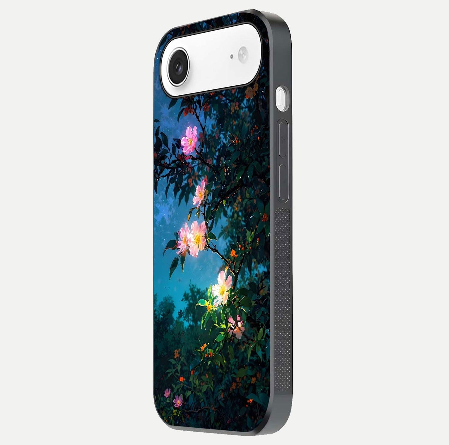 Midnight Bloom Glow Glass Case for iPhone Air  side-angle image revealing reflection and deep midnight hues