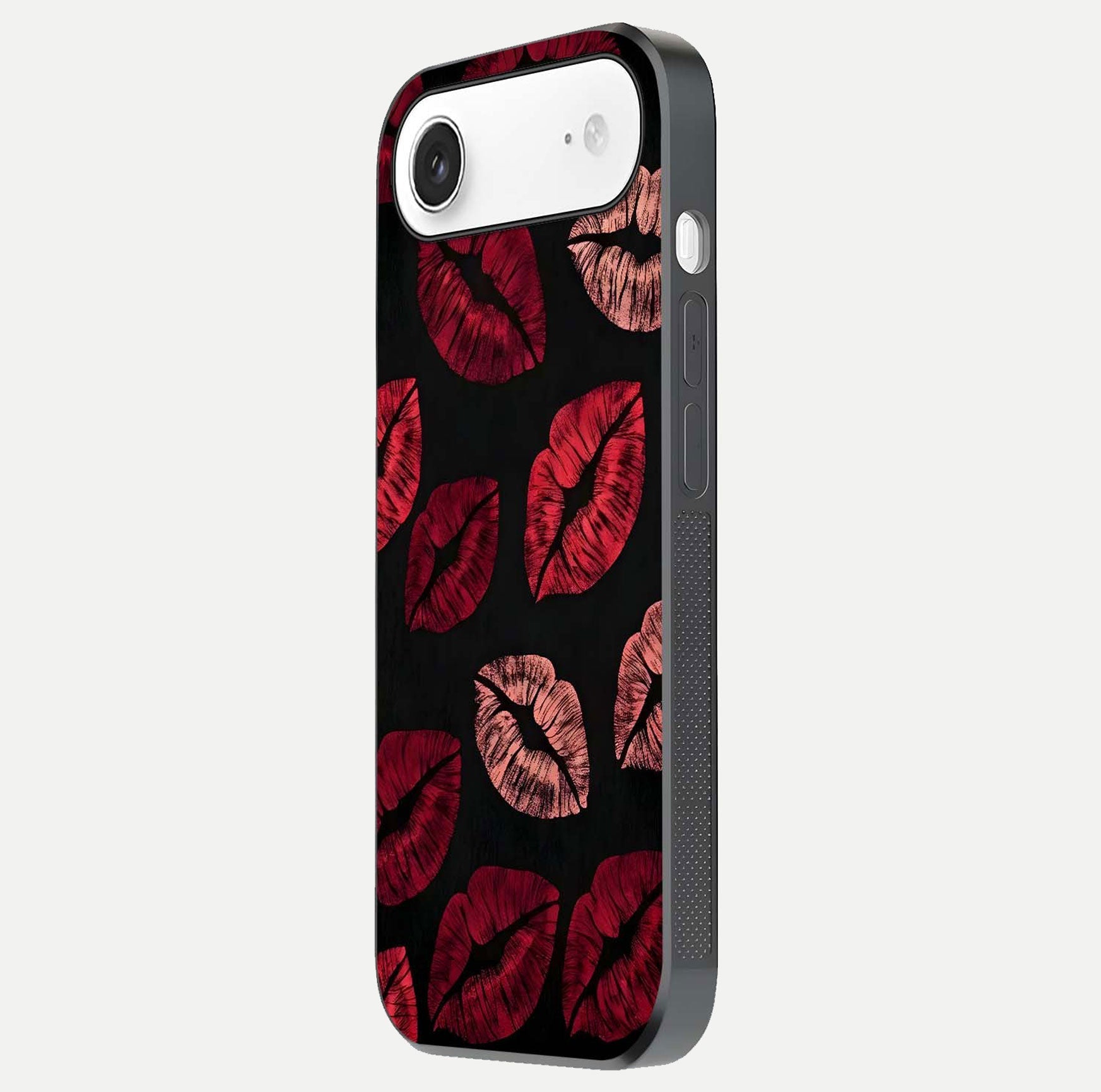 Midnight Kiss Love Glass Case for iPhone Air  side-angle image revealing gloss texture and deep love motif