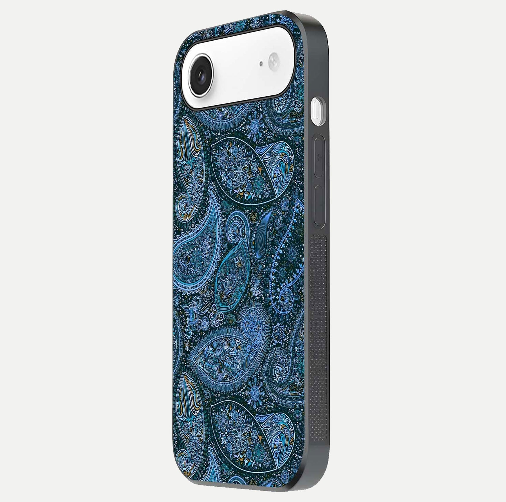 Midnight Paisley Glow Glass Case for iPhone Air  side-angle image revealing reflective gloss and paisley art