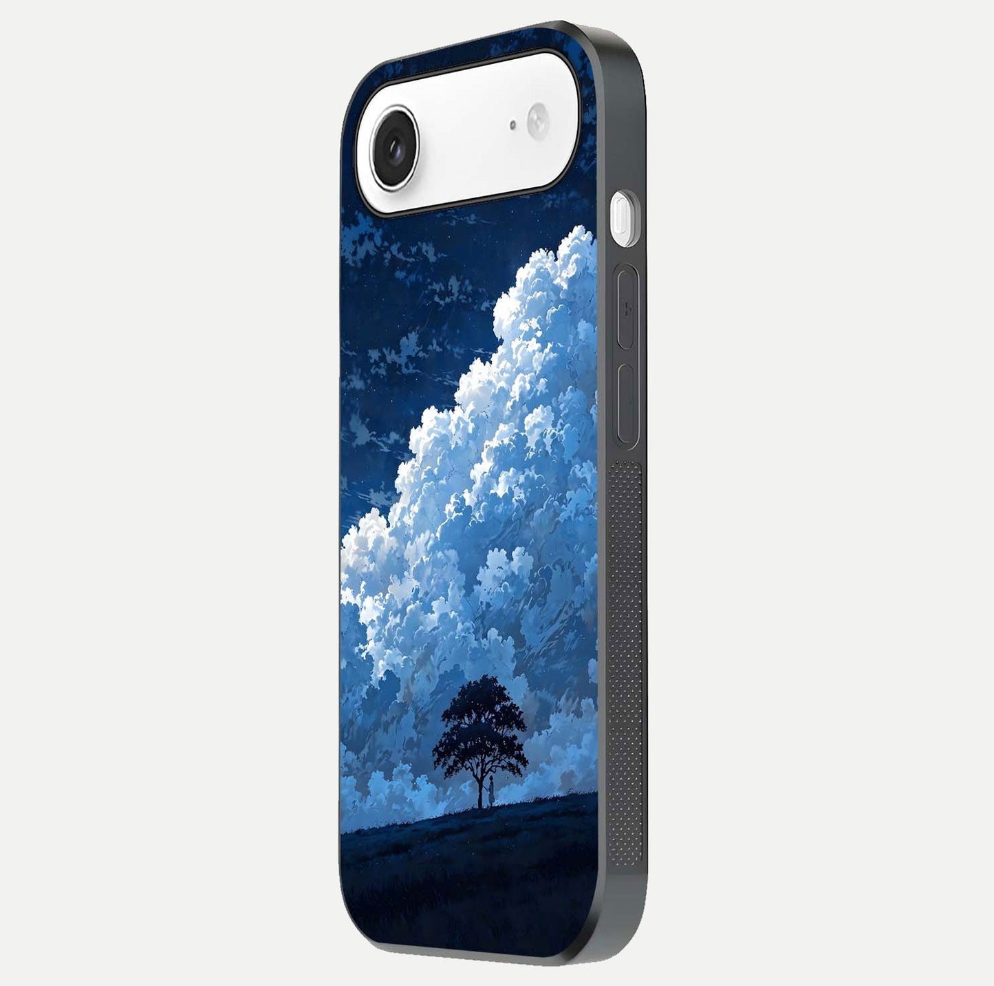 Midnight Sky Serenity Glass Case for iPhone Air  side-angle image showing soft glow and smooth reflection