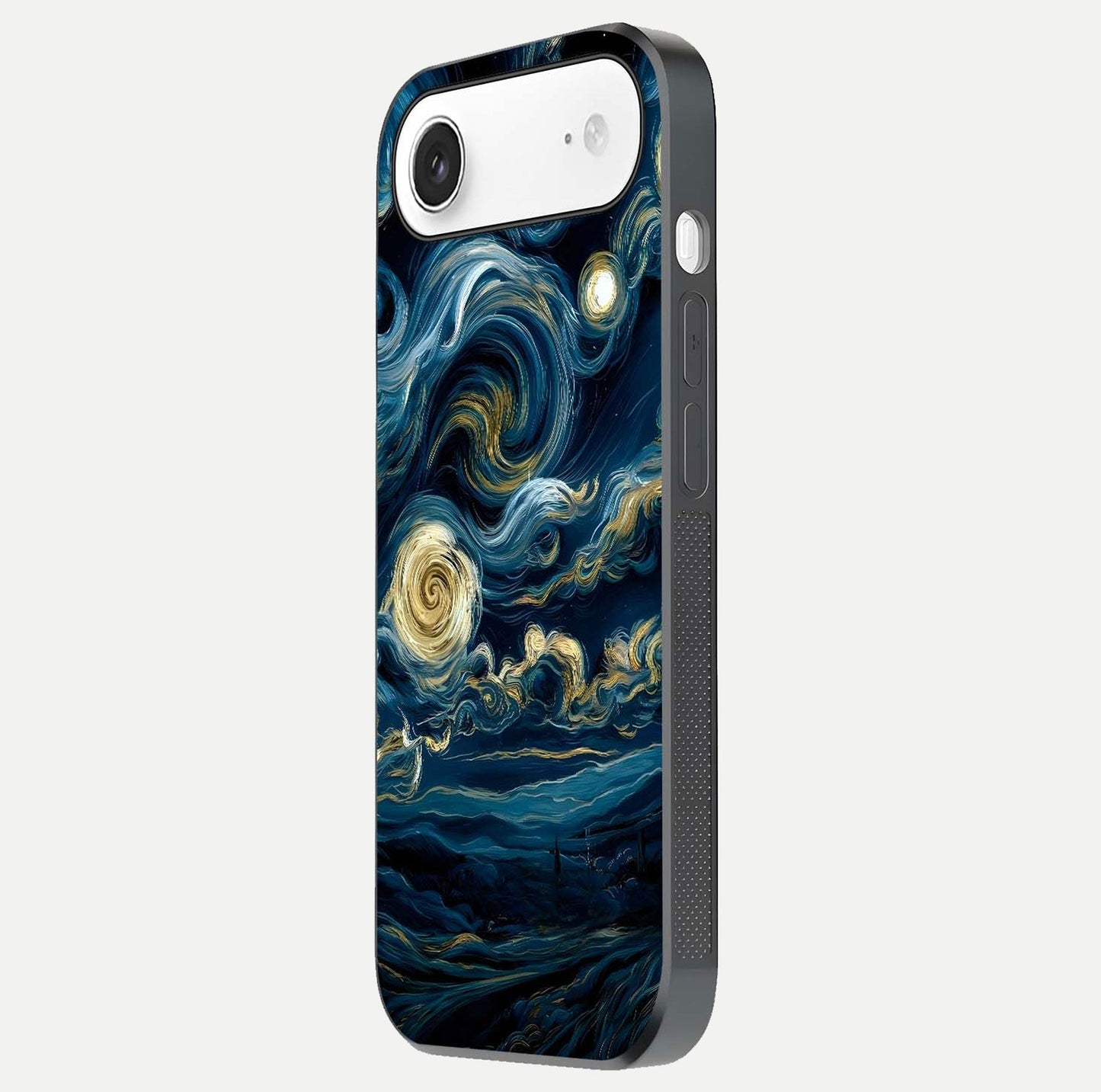 Midnight Sky Whirl Glass Case for iPhone Air  side-angle image showing reflection depth and galaxy pattern