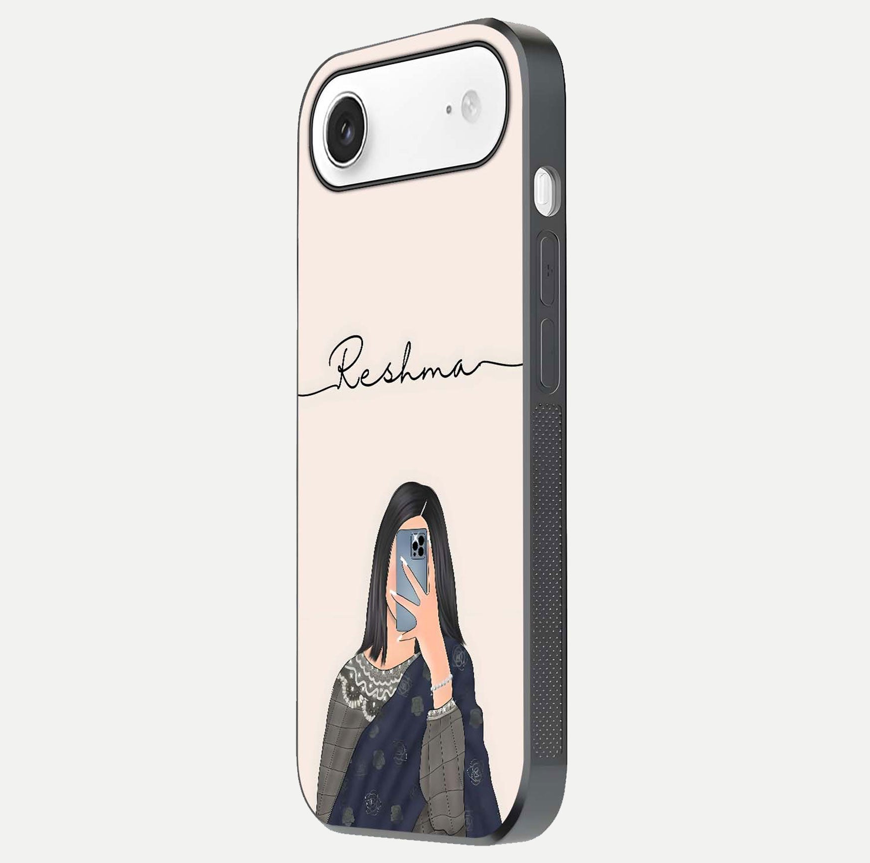 Mirror Mood Muse Custom Name Glass Case for iPhone Air  side-angle image emphasizing glossy mirror texture