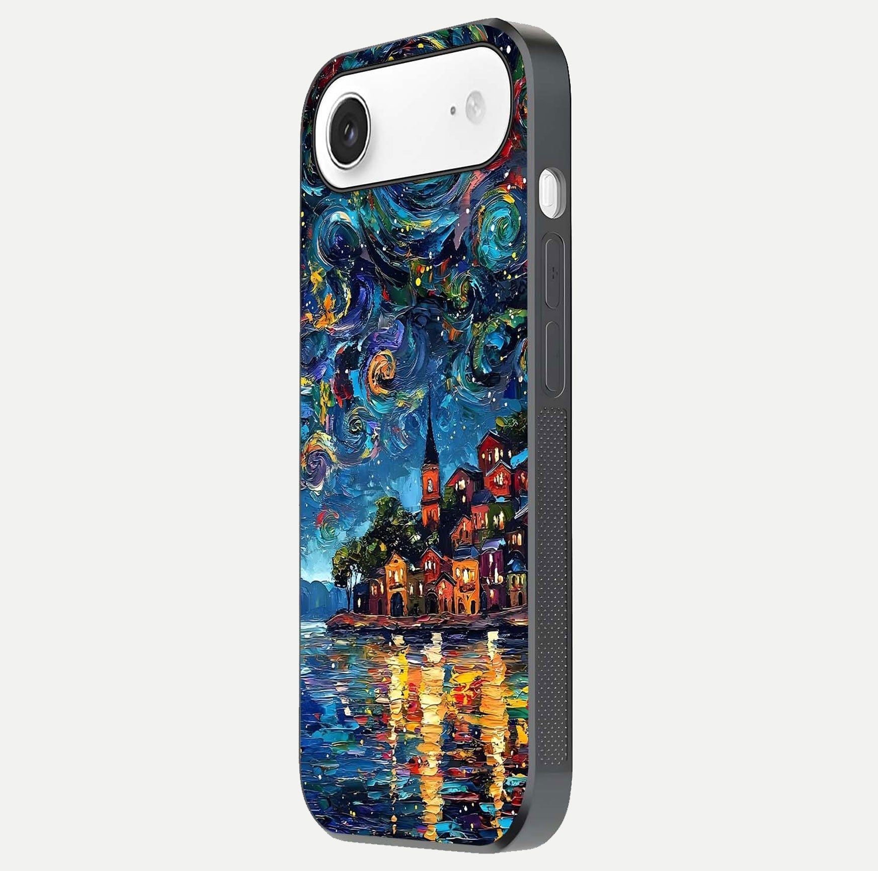 Moonlight Harbor Glow Glass Case for iPhone Air  side-angle image showing reflective surface and ocean tones