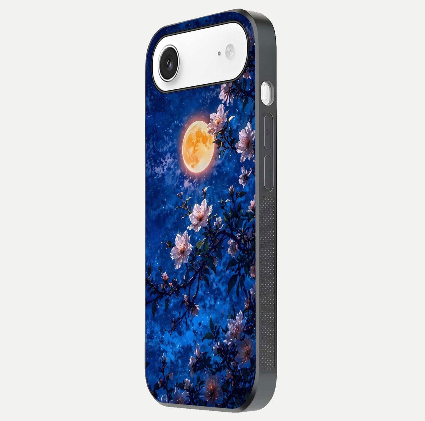 Moonlit Blossoms Night Glass Case for iPhone Air  side-angle image revealing shine and night bloom texture