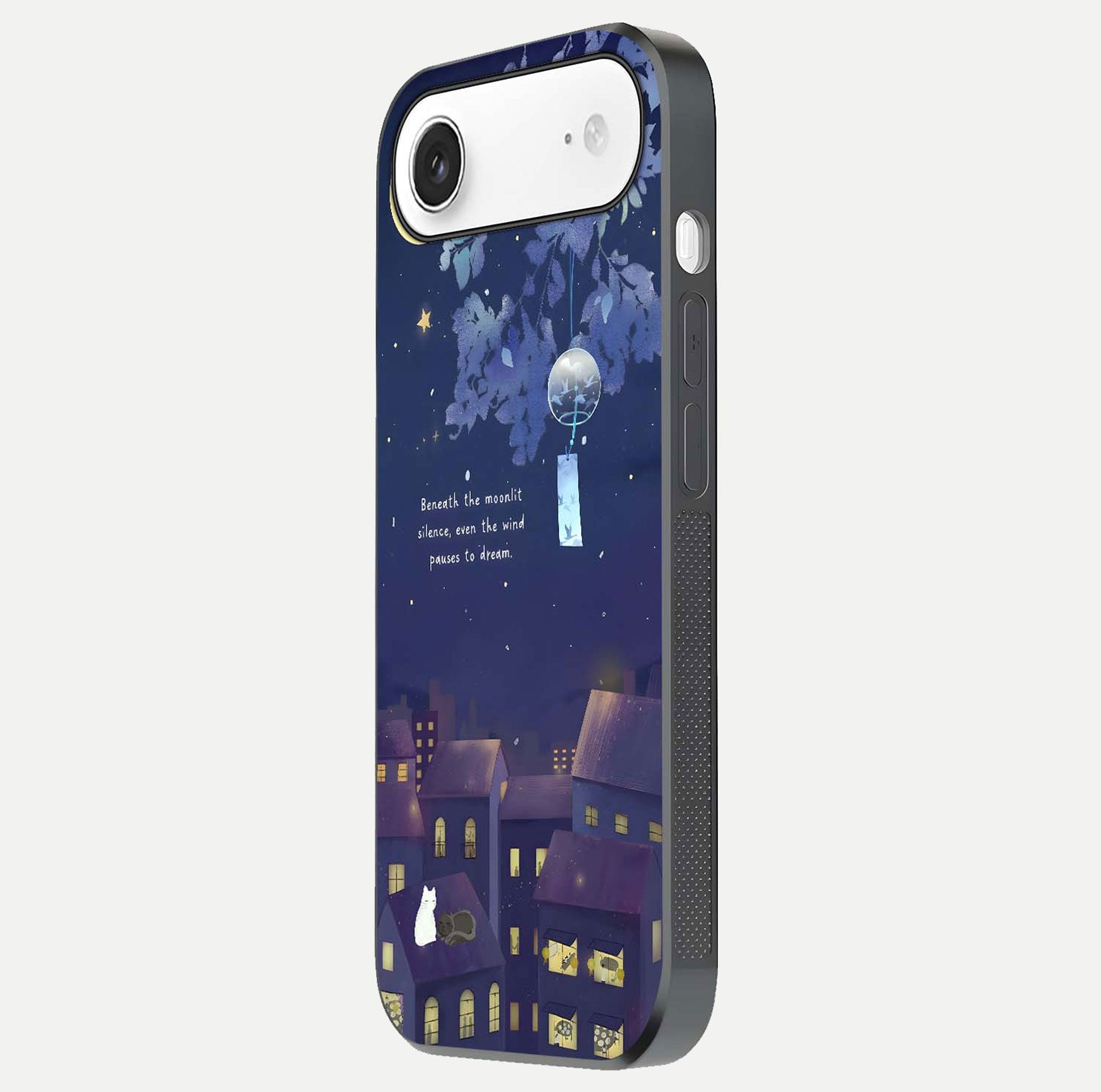Moonlit Cat Silence Glass Case for iPhone Air  side-angle image showing HD gloss and feline artwork detail