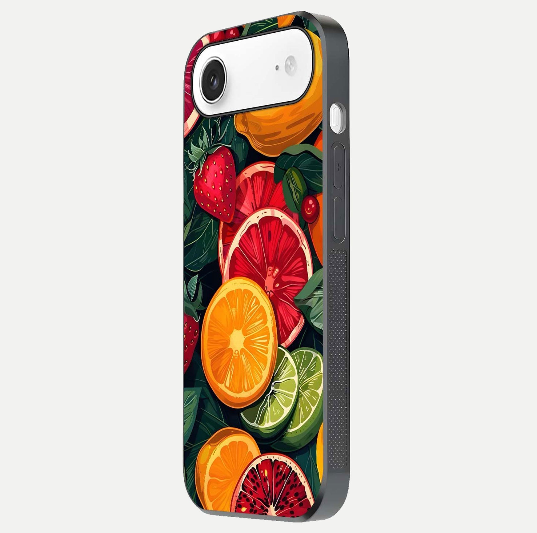 Multiple Fruits Glass Case for iPhone Air  side-angle image showing glossy surface and vivid fruit pattern
