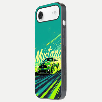 Mustang Bang Glass Case for iPhone Air  side-angle image showing reflection clarity and bold car artwork
