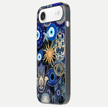 Mystic Blue Evil Eye Glass Case for iPhone Air  side-angle image showing smooth gloss and charm design
