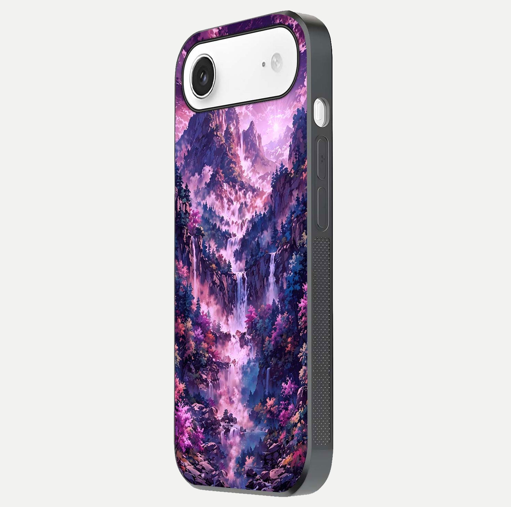 Mystic Cascade Peaks Glass Case for iPhone Air  side-angle image showing reflection and scenic art clarity