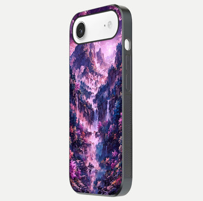 Mystic Cascade Peaks Glass Case for iPhone Air  side-angle image showing reflection and scenic art clarity