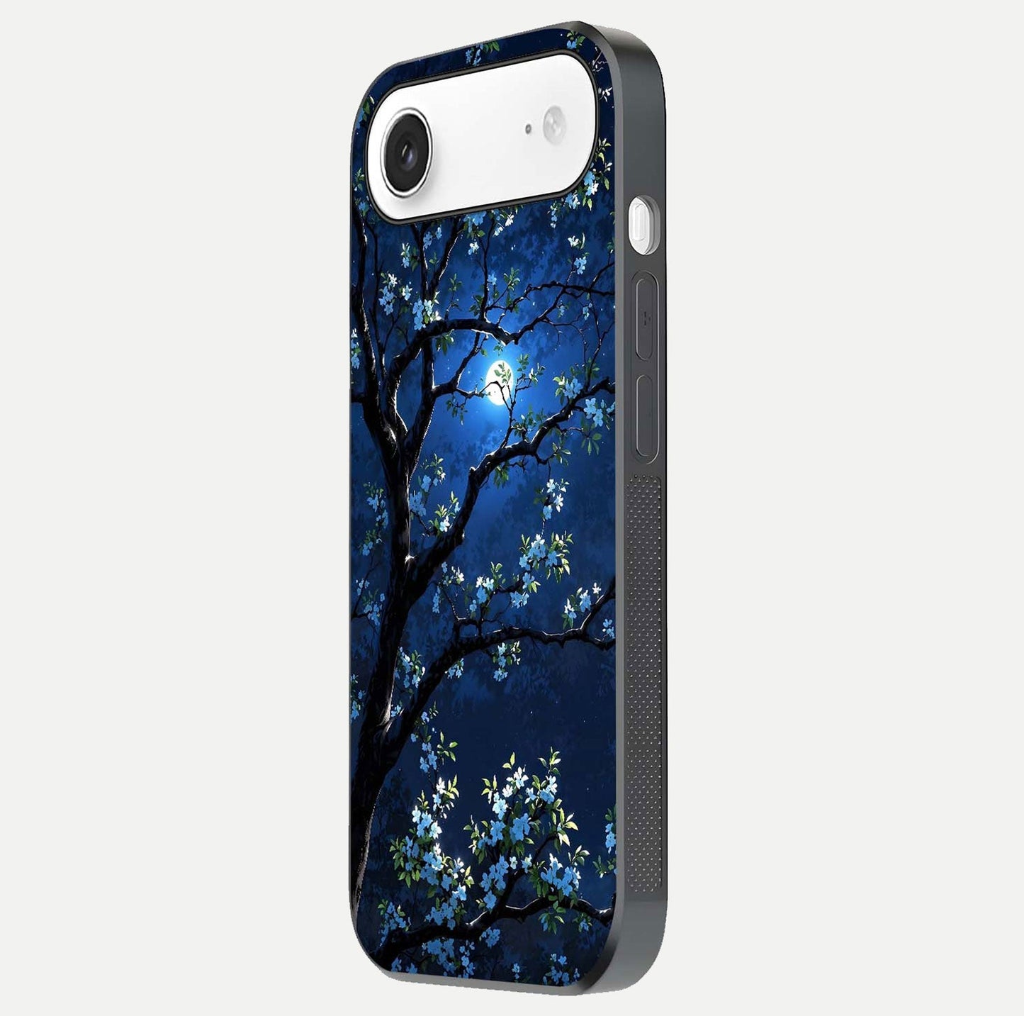 Mystic Floral Night Glass Case for iPhone Air  side-angle image showing gloss surface and midnight floral tones