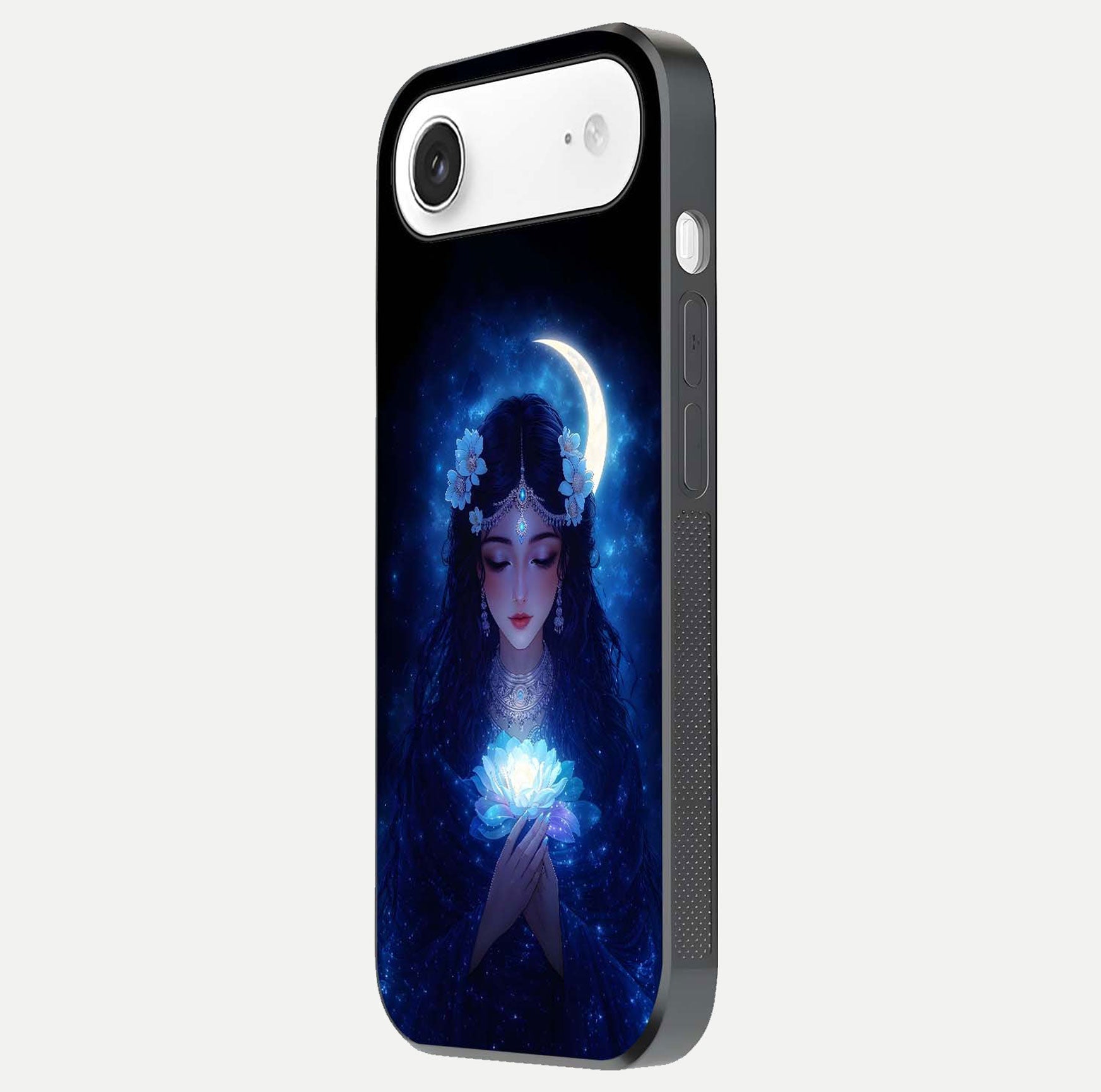 Mystic Moon Queen Glass Case for iPhone Air  side-angle image showing reflection and celestial details