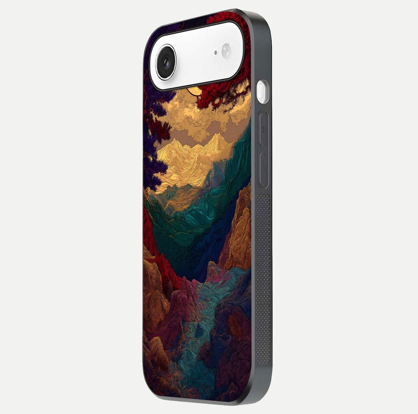 Mystic Valley Light Glass Case for iPhone Air  side-angle image showing shine and peaceful hues