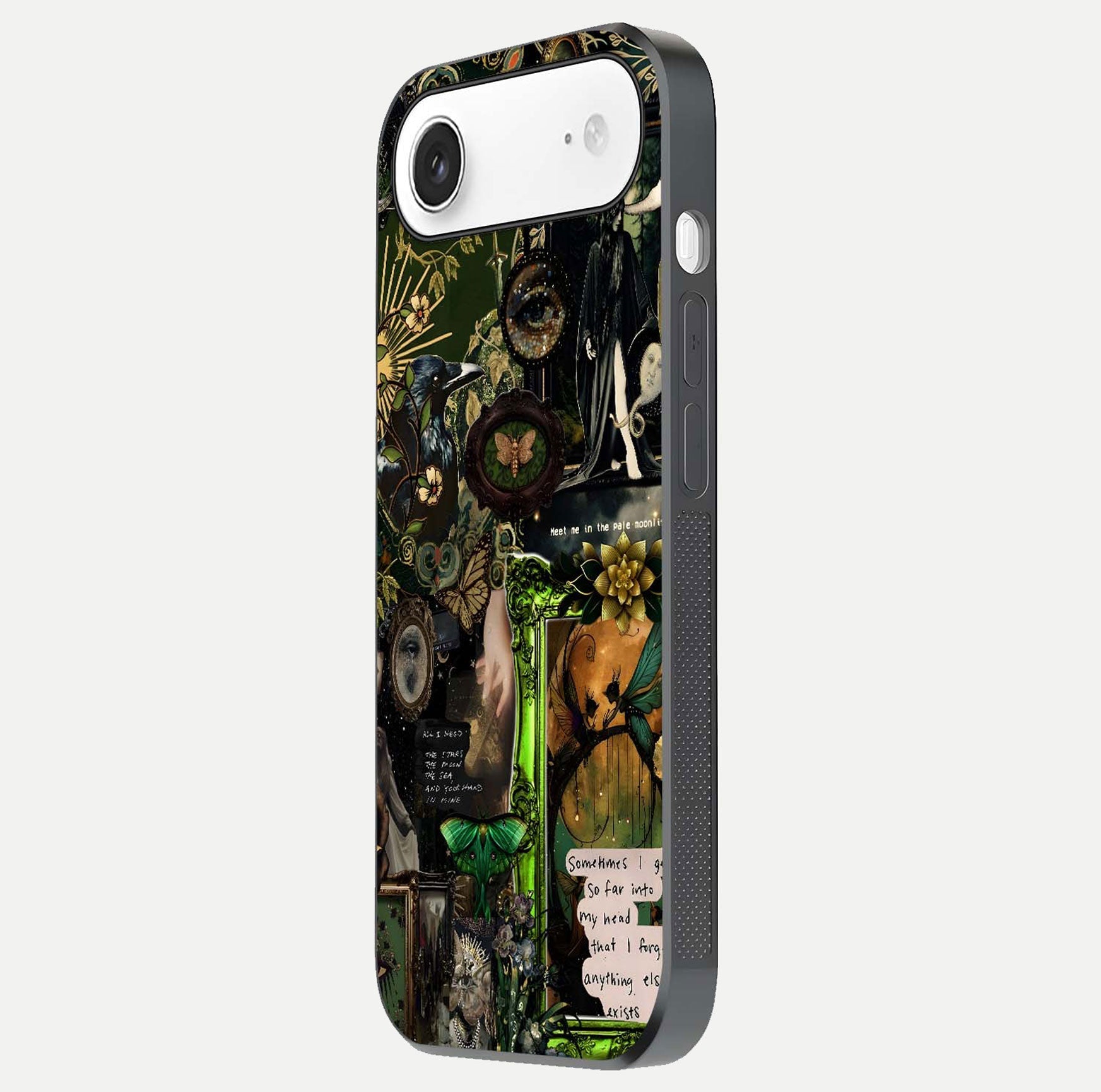 Mystic Woods Secret Glass Case for iPhone Air  side-angle image showing gloss reflection and forest pattern