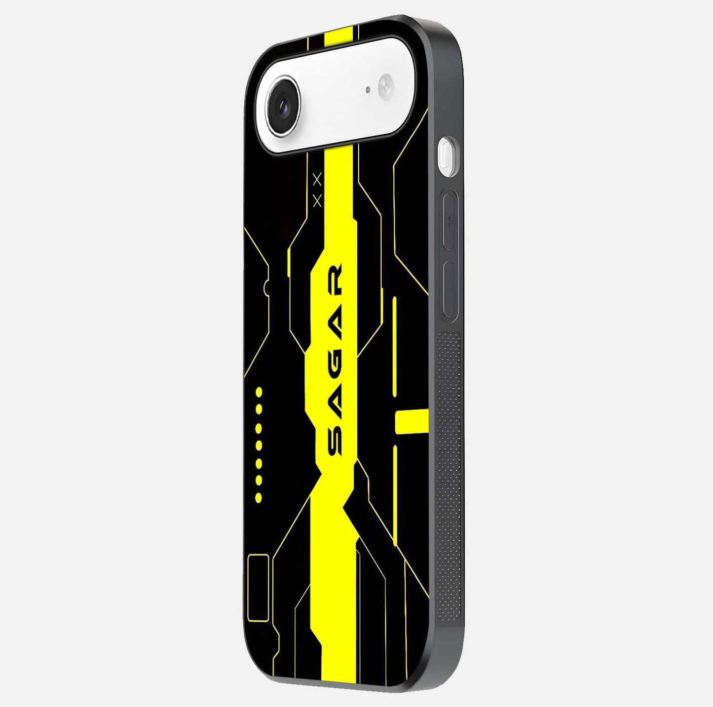 Neon CYBERPUNK Custom Name Glass Case for iPhone Air  side-angle image showing glow depth and bold print
