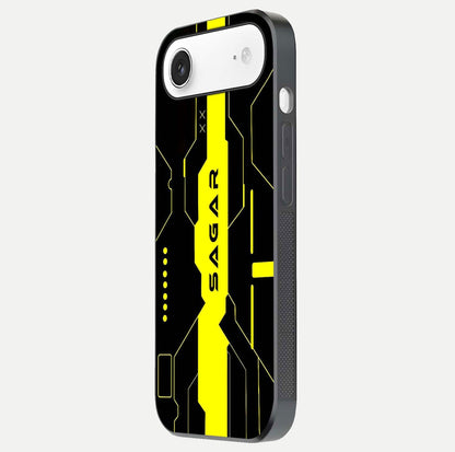 Neon CYBERPUNK Custom Name Glass Case for iPhone Air  side-angle image showing glow depth and bold print