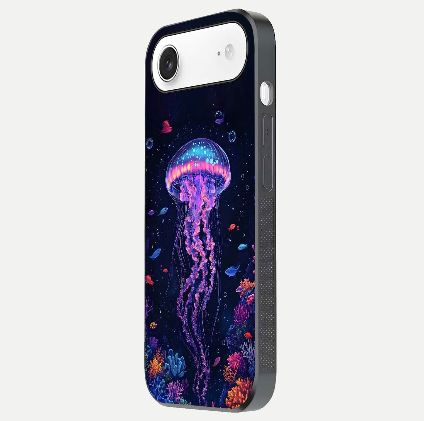 Neon Jellyfish Glass Case for iPhone Air  side-angle image showing reflection and oceanic light detailing
