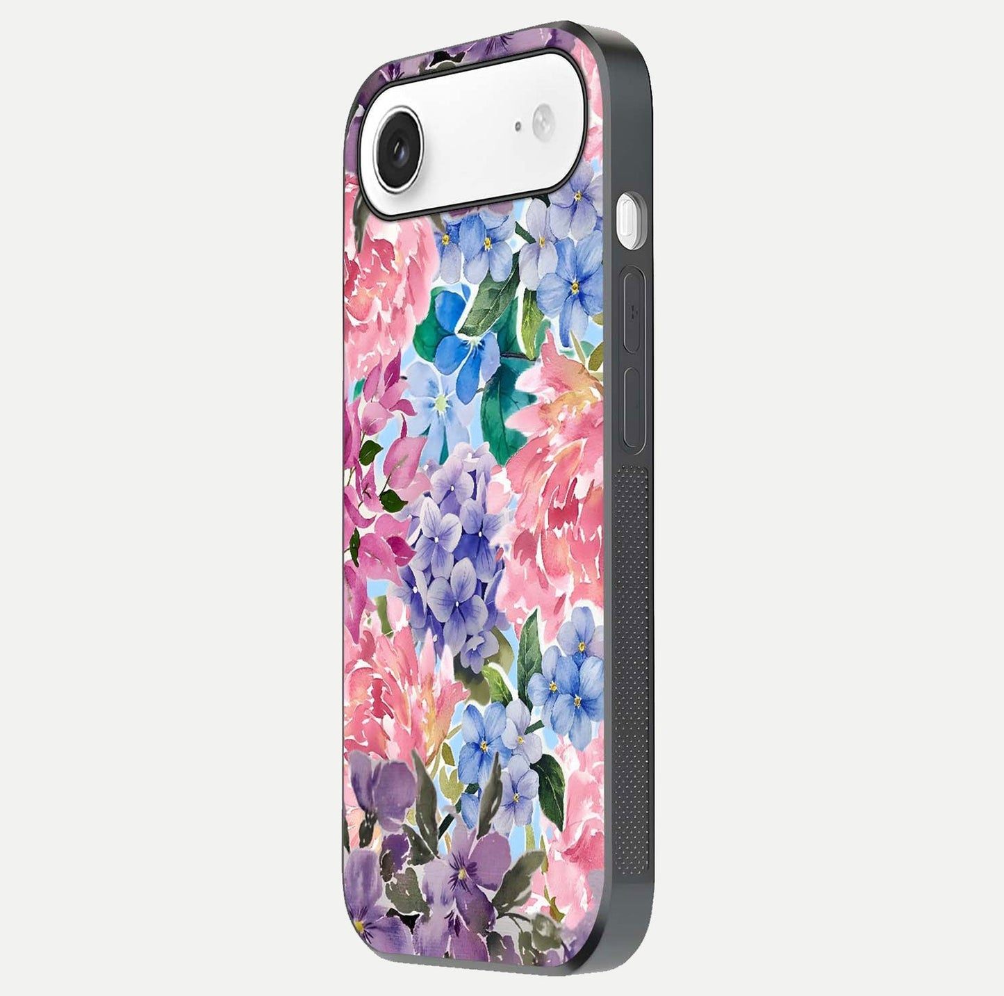 Pastel Floral Mix Glass Case for iPhone Air  side-angle image showing reflection and delicate pastel hues
