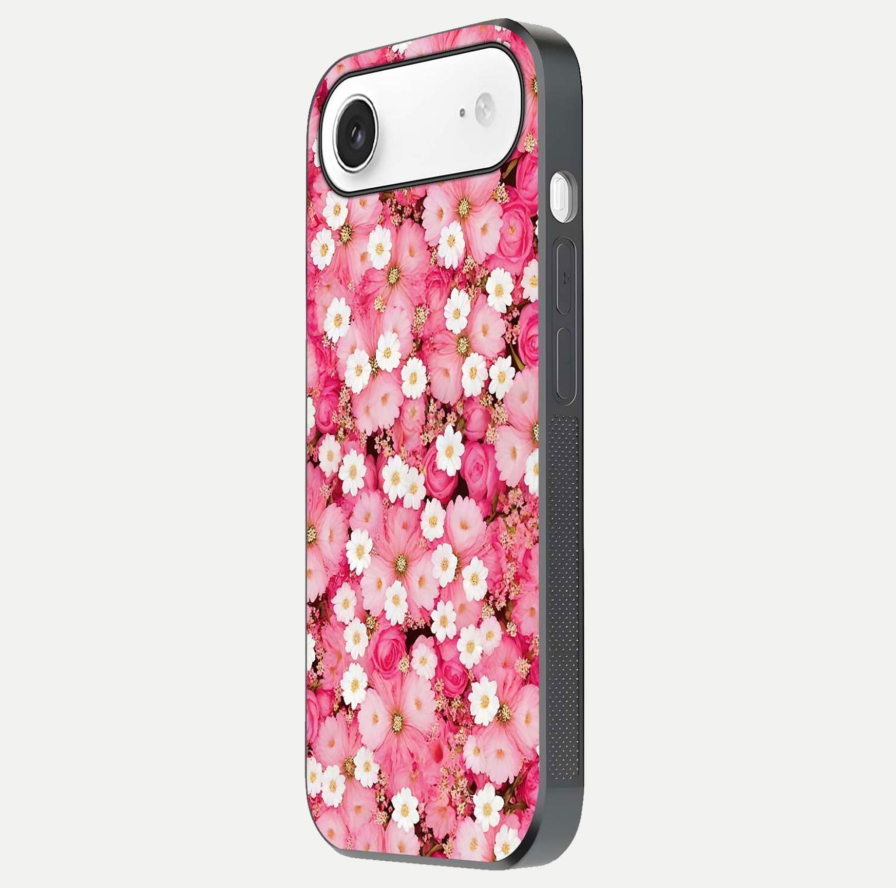 Pink Daisy Bliss Glass Case for iPhone Air  side-angle image showing delicate daisy pattern and glass reflection