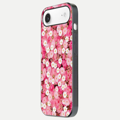 Pink Daisy Bliss Glass Case for iPhone Air  side-angle image showing delicate daisy pattern and glass reflection