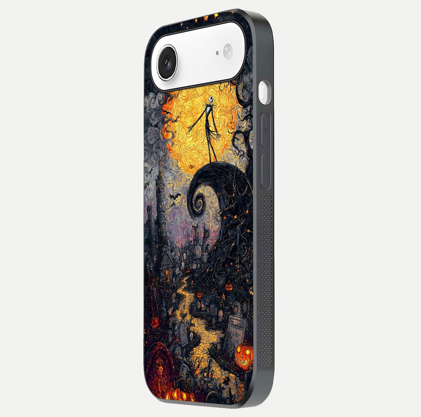 Pumpkin Moon Night Glass Case for iPhone Air  side-angle image showing reflection depth and pumpkin pattern