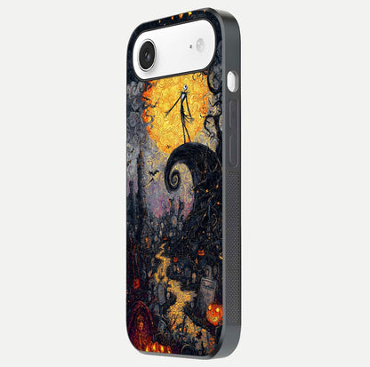 Pumpkin Moon Night Glass Case for iPhone Air  side-angle image showing reflection depth and pumpkin pattern