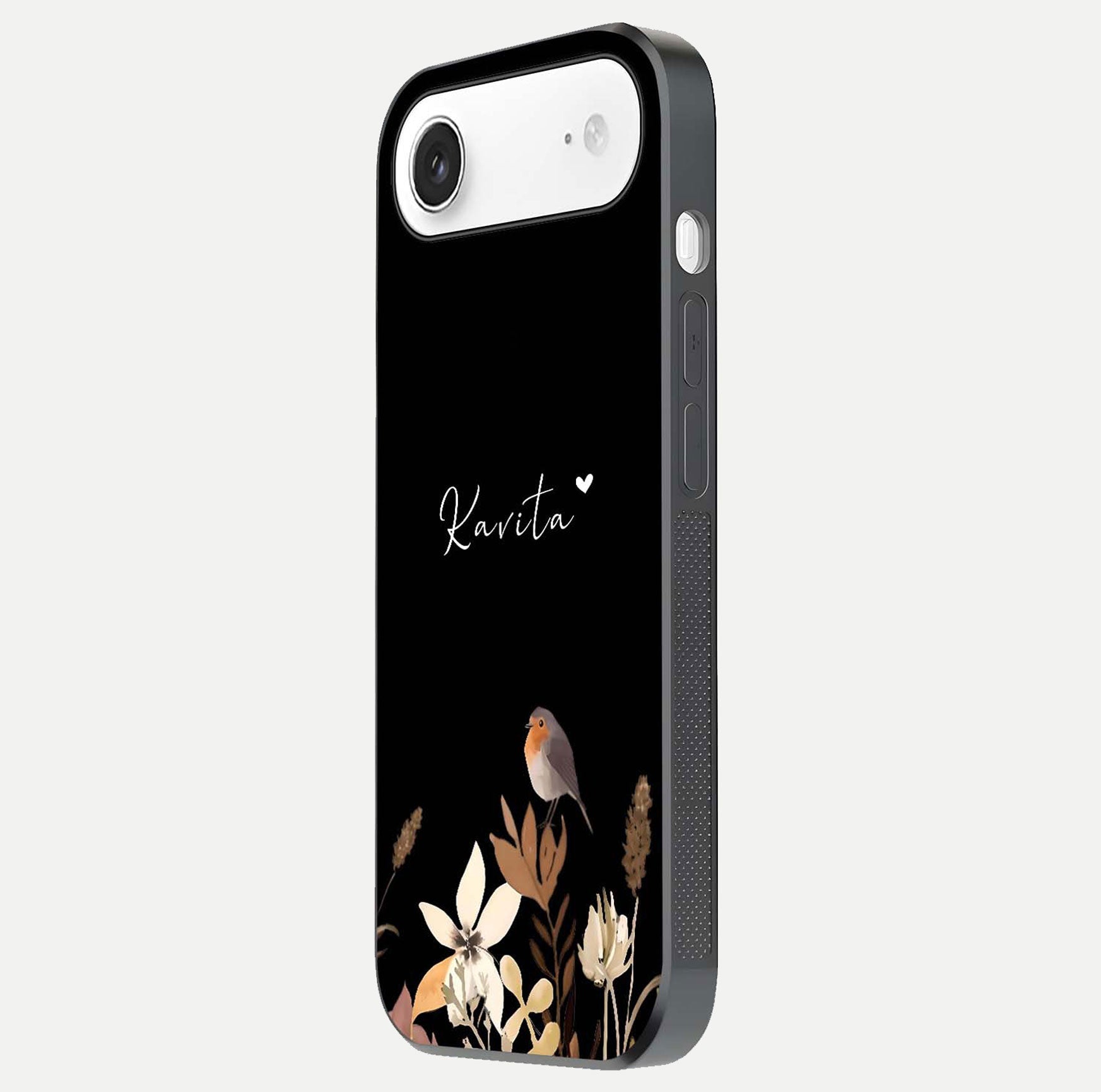 Quiet Garden Tune Custom Name Glass Case for iPhone Air  side-angle image showing reflection and floral design