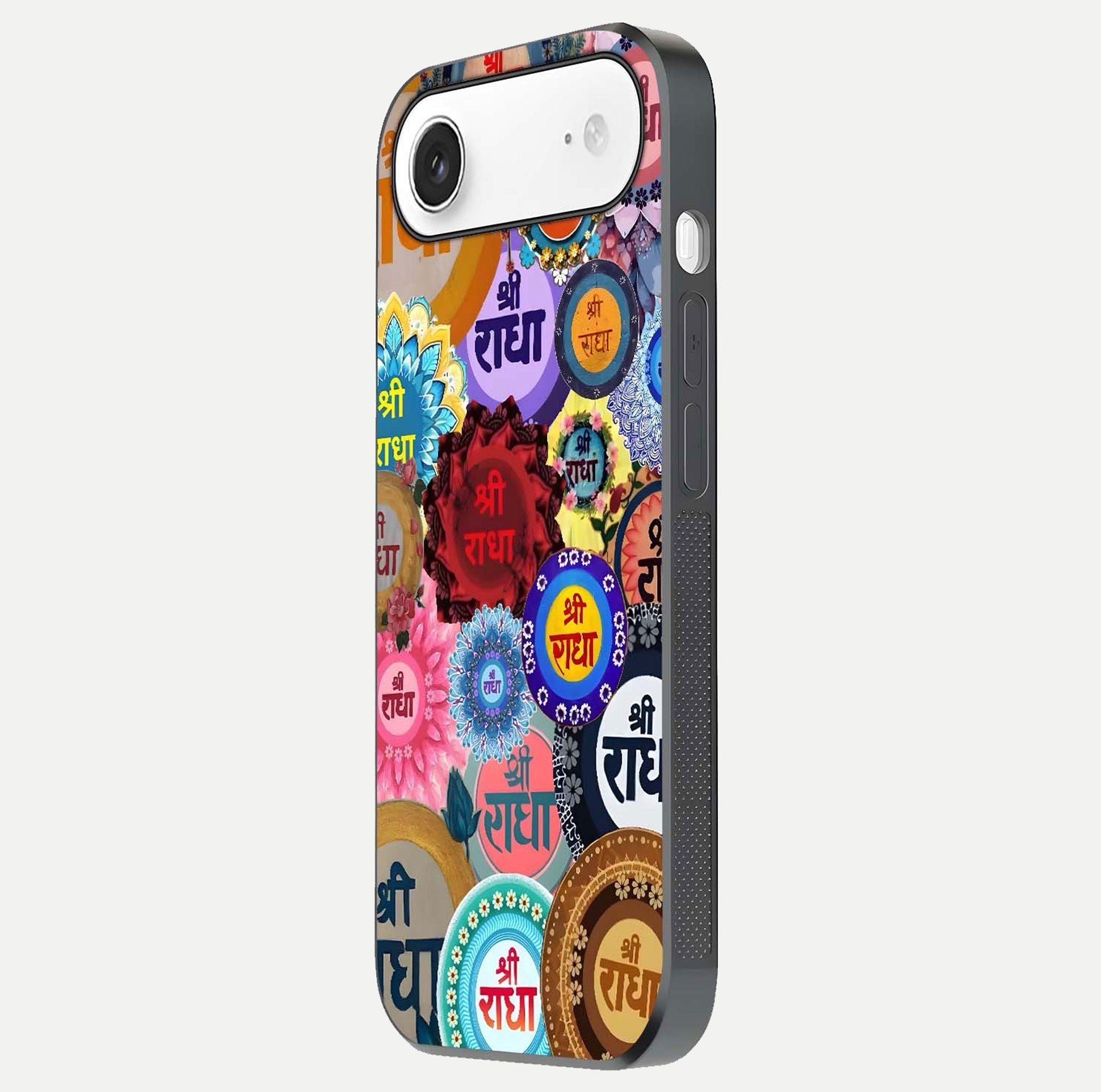 Radha Divine Bloom Glass Case for iPhone Air  side-angle image showing shine, reflection, and floral motif