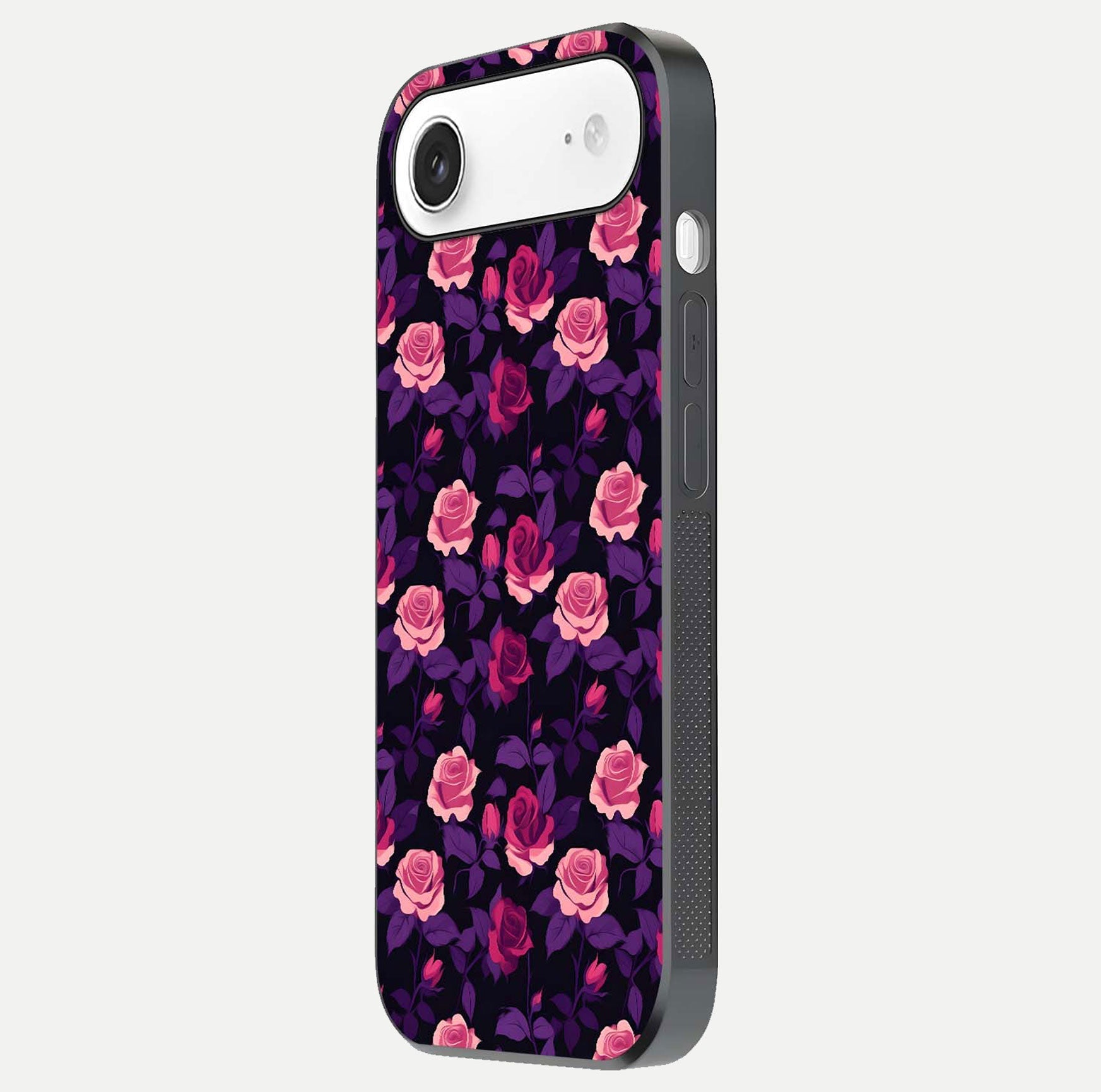 Rose Garden Twilight Glass Case for iPhone Air  side-angle image showing reflection, gloss, and floral detail