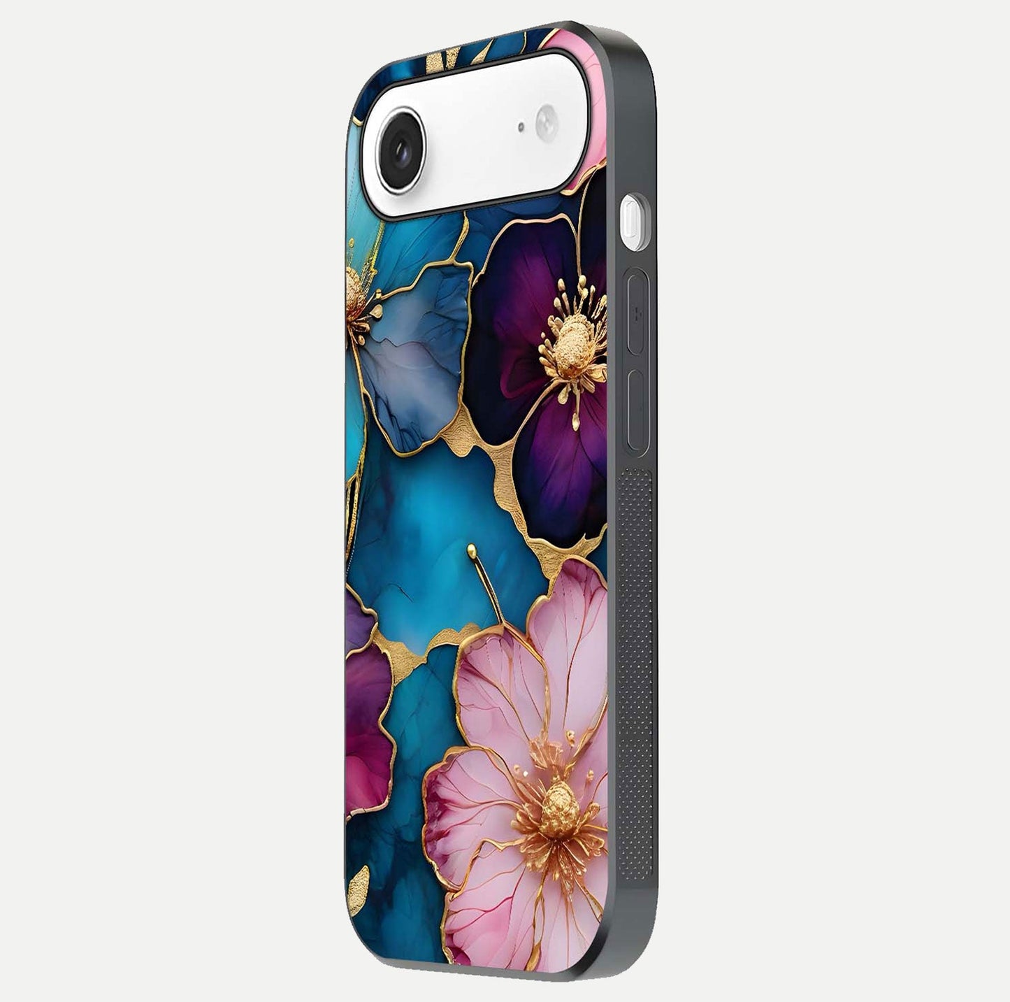 Sparkle Floral Glass Case for iPhone Air  side-angle image showing reflection, gloss, and floral texture