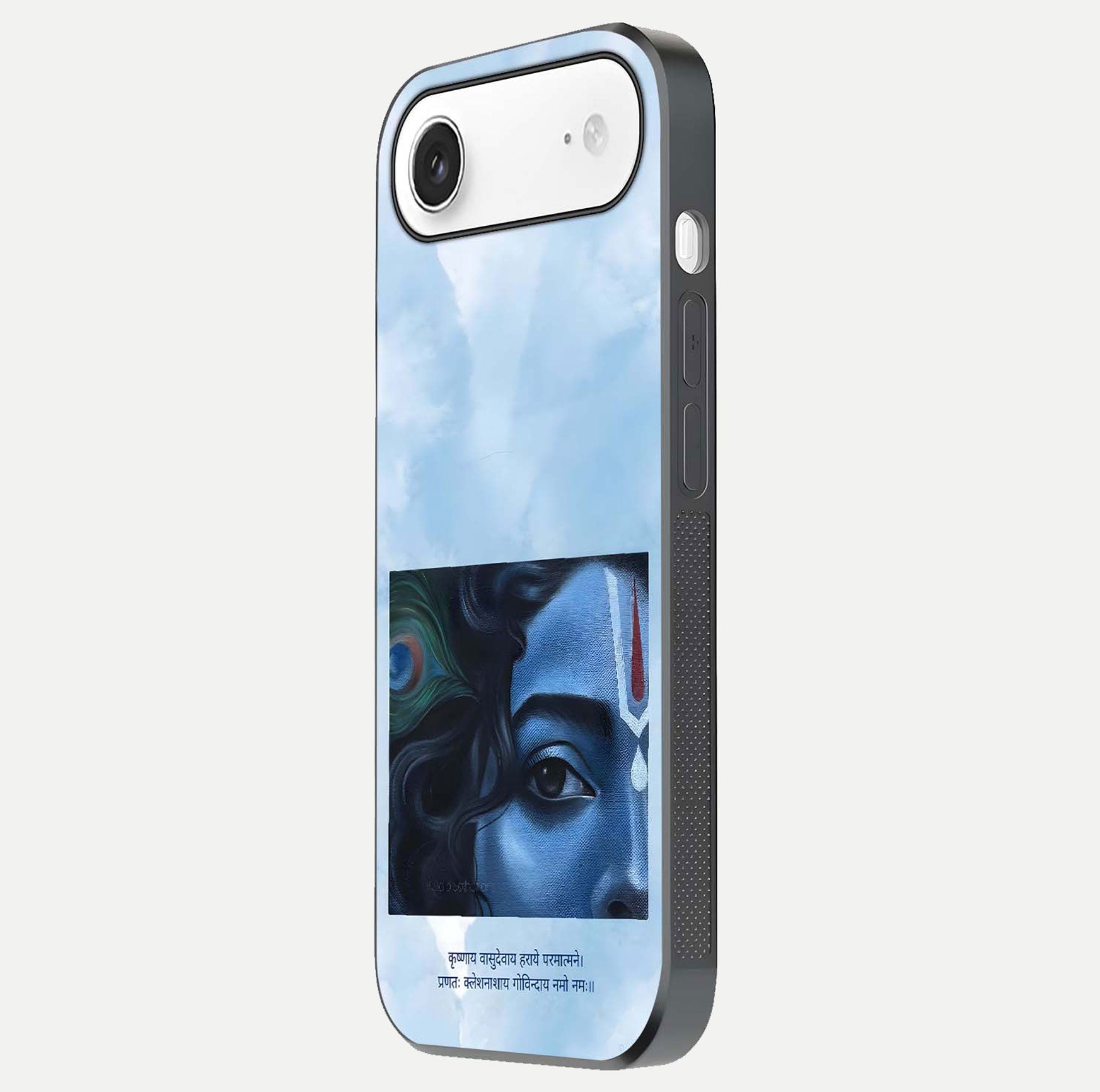 Spiritual Krishna Glass Case for iPhone Air  side-angle image showing reflection and vivid artwork clarity